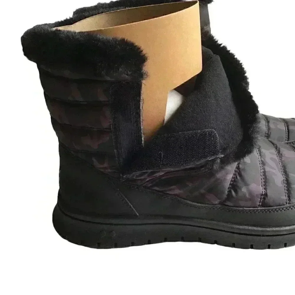 Ryka Snow Boots Womens 11 Black Suzy Quilted Camo Water Repellant Faux Fur Vegan